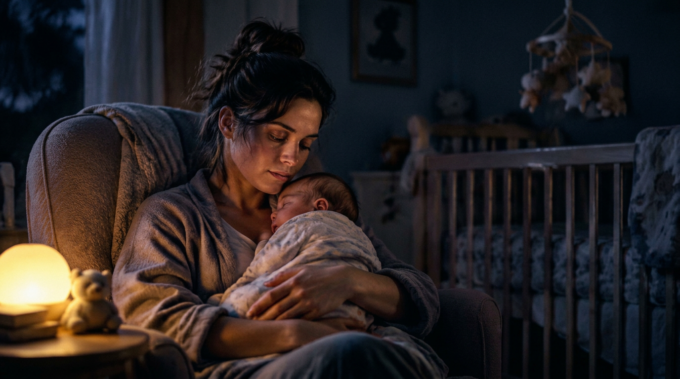 An exhausted mother holding her newborn in a dim nursery at 3 a.m., lit by a warm night light