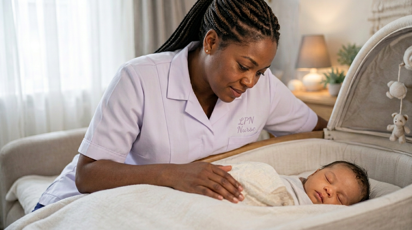 A night nurse gently checking on a sleeping newborn in a calm night nursery
