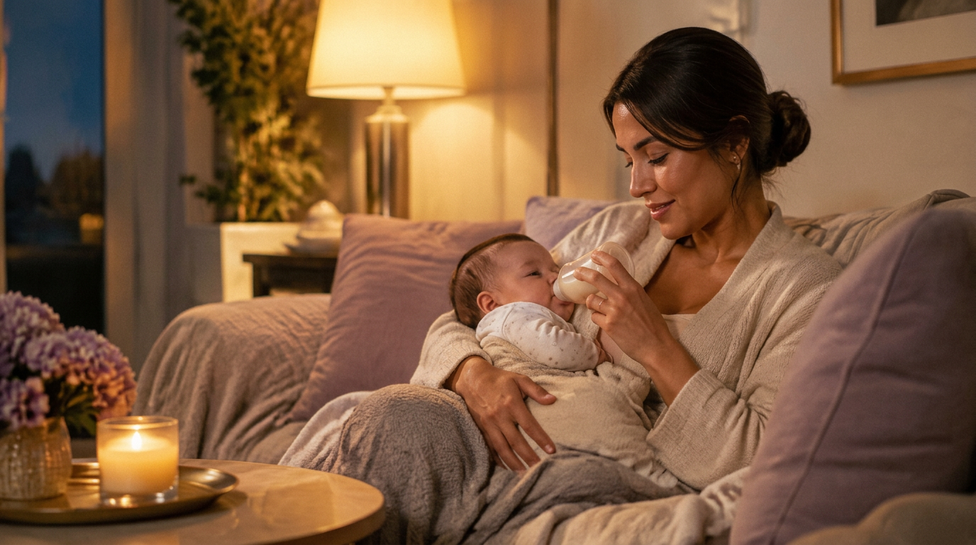 A mother bottle-feeding her newborn in warm evening light
